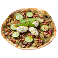 Freshly baked Zaatar Manoush topped with za’atar, olive oil, and sesame seeds at Lebnoosh Minto.